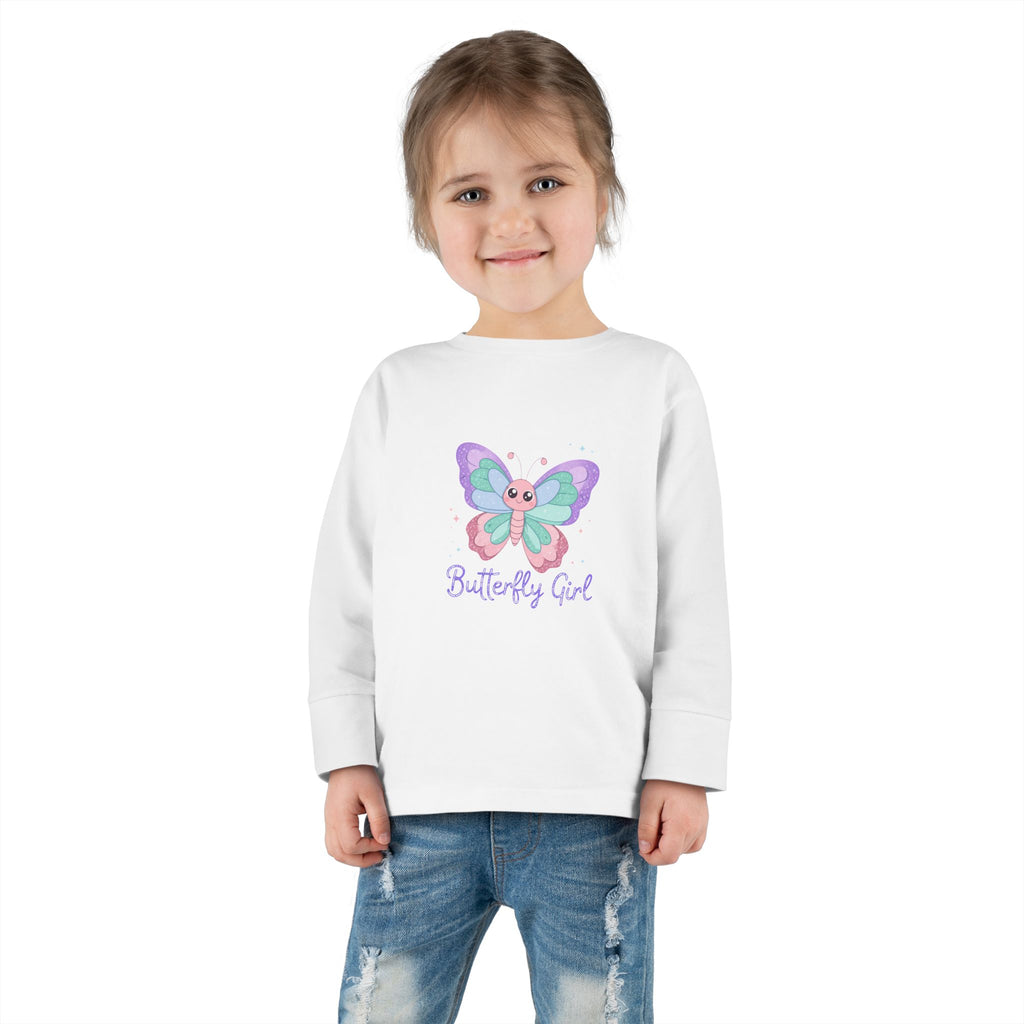 Butterfly Girl Toddler Long Sleeve Tee – Pastel Butterfly Graphic for Little Girls