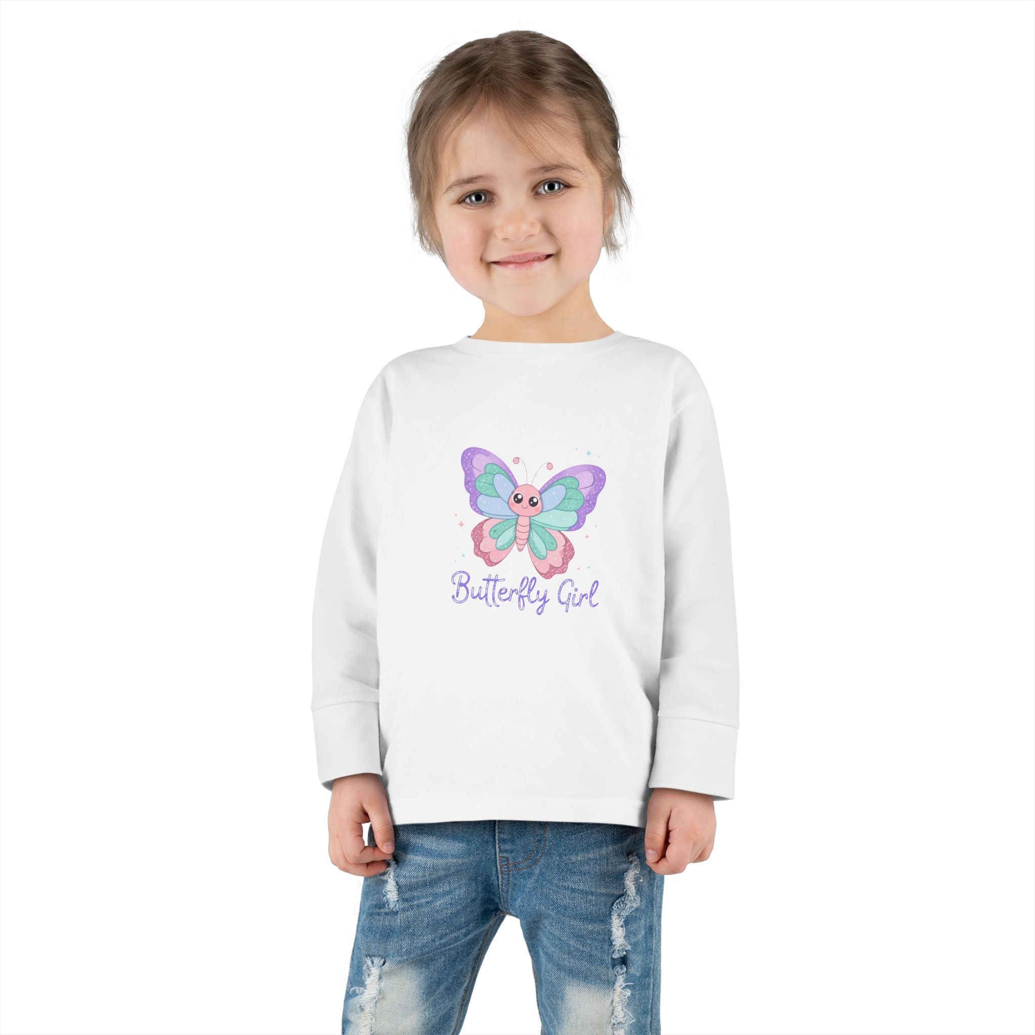 Butterfly Girl Toddler Long Sleeve Tee – Pastel Butterfly Graphic for Little Girls
