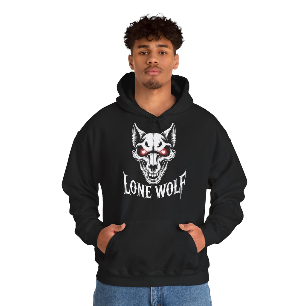 Lone Wolf Hooded Sweatshirt - Gothic Wolf Skull Hoodie with Red Eyes