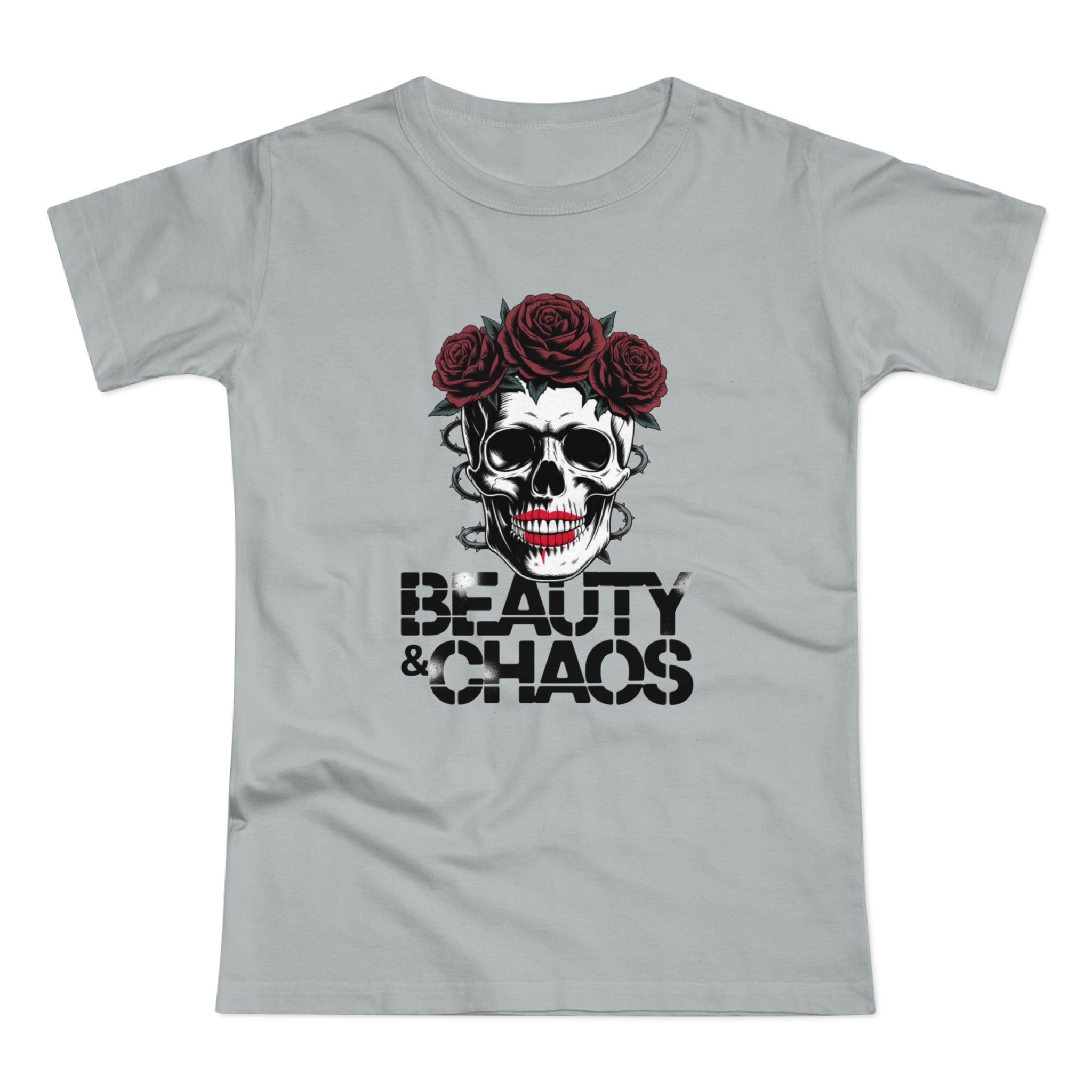 Beauty & Chaos Skull Tee — Floral Rose Skull Women’s T-Shirt