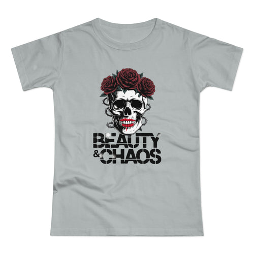 Beauty & Chaos Skull Tee — Floral Rose Skull Women’s T-Shirt