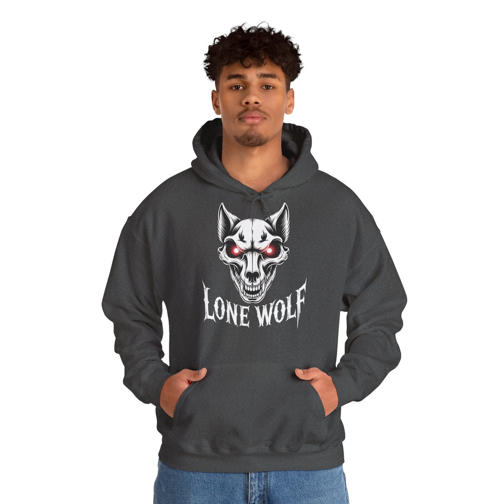 Lone Wolf Hooded Sweatshirt - Gothic Wolf Skull Hoodie with Red Eyes