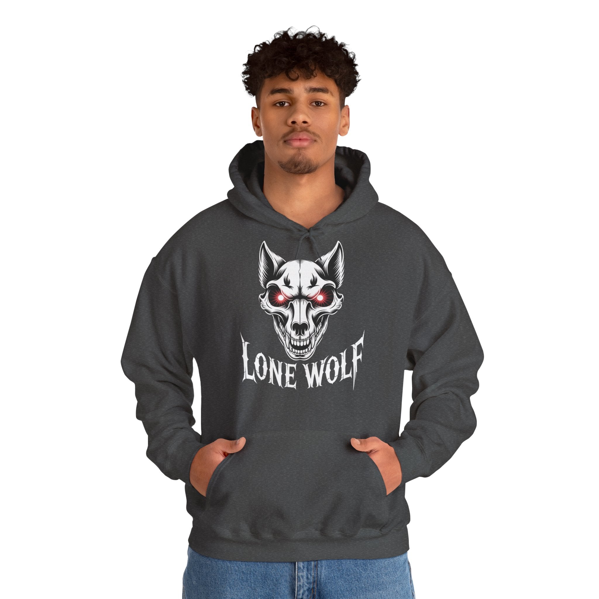 Lone Wolf Hooded Sweatshirt - Gothic Wolf Skull Hoodie with Red Eyes