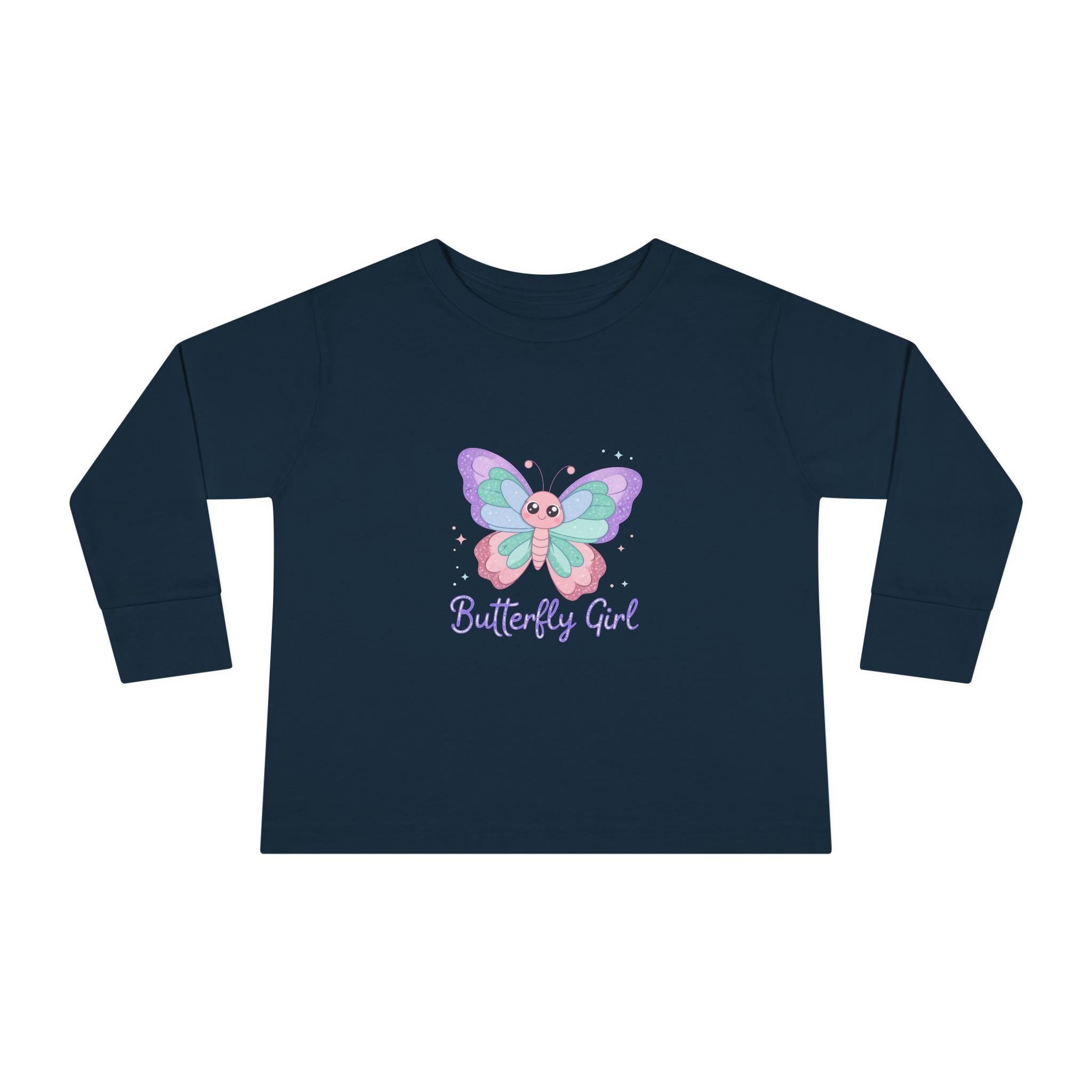 Butterfly Girl Toddler Long Sleeve Tee – Pastel Butterfly Graphic for Little Girls