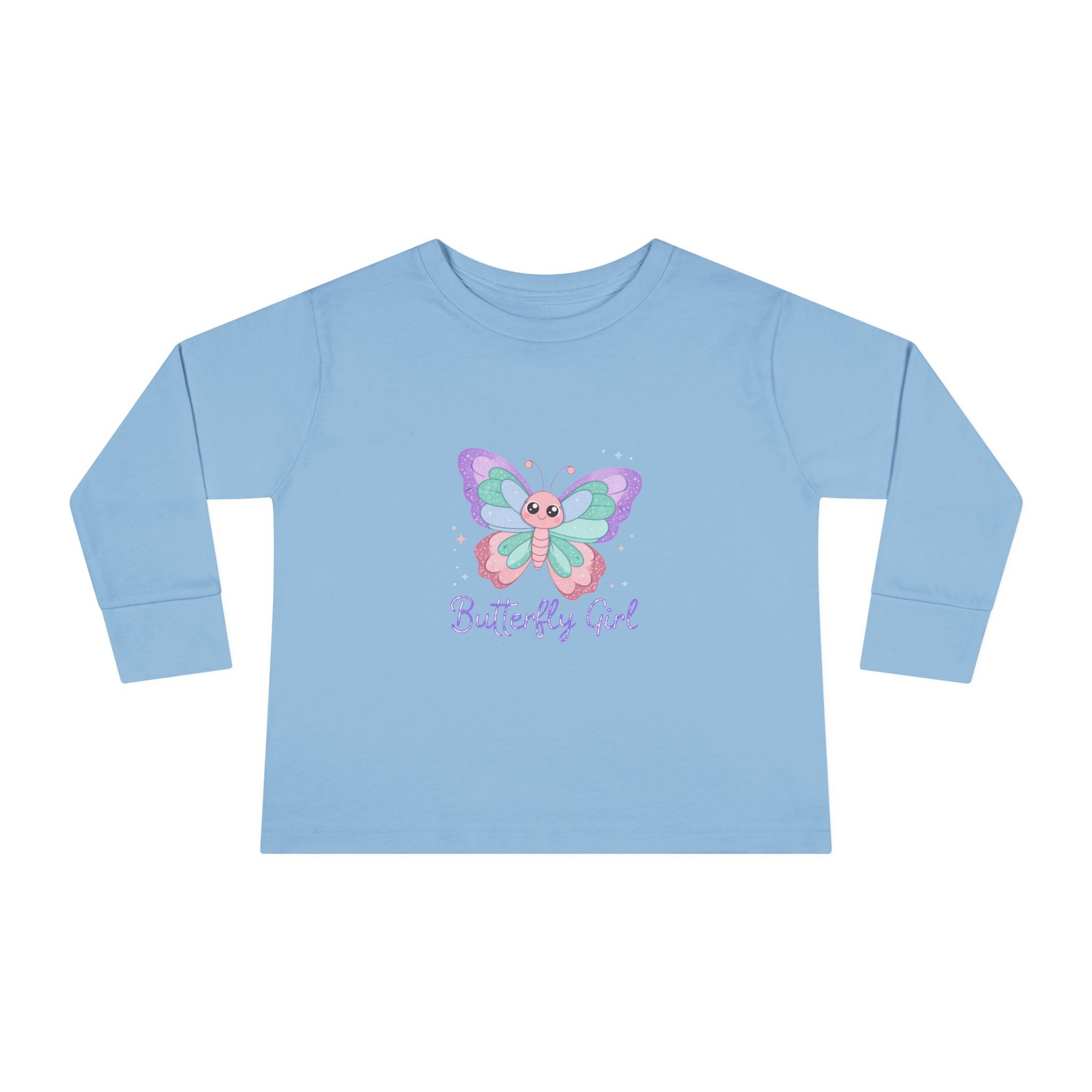 Butterfly Girl Toddler Long Sleeve Tee – Pastel Butterfly Graphic for Little Girls