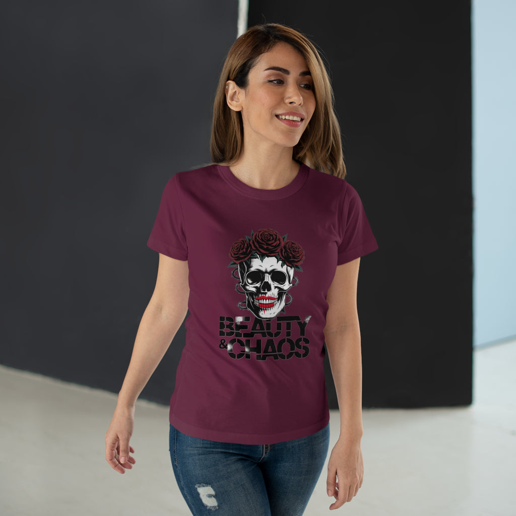 Beauty & Chaos Skull Tee — Floral Rose Skull Women’s T-Shirt