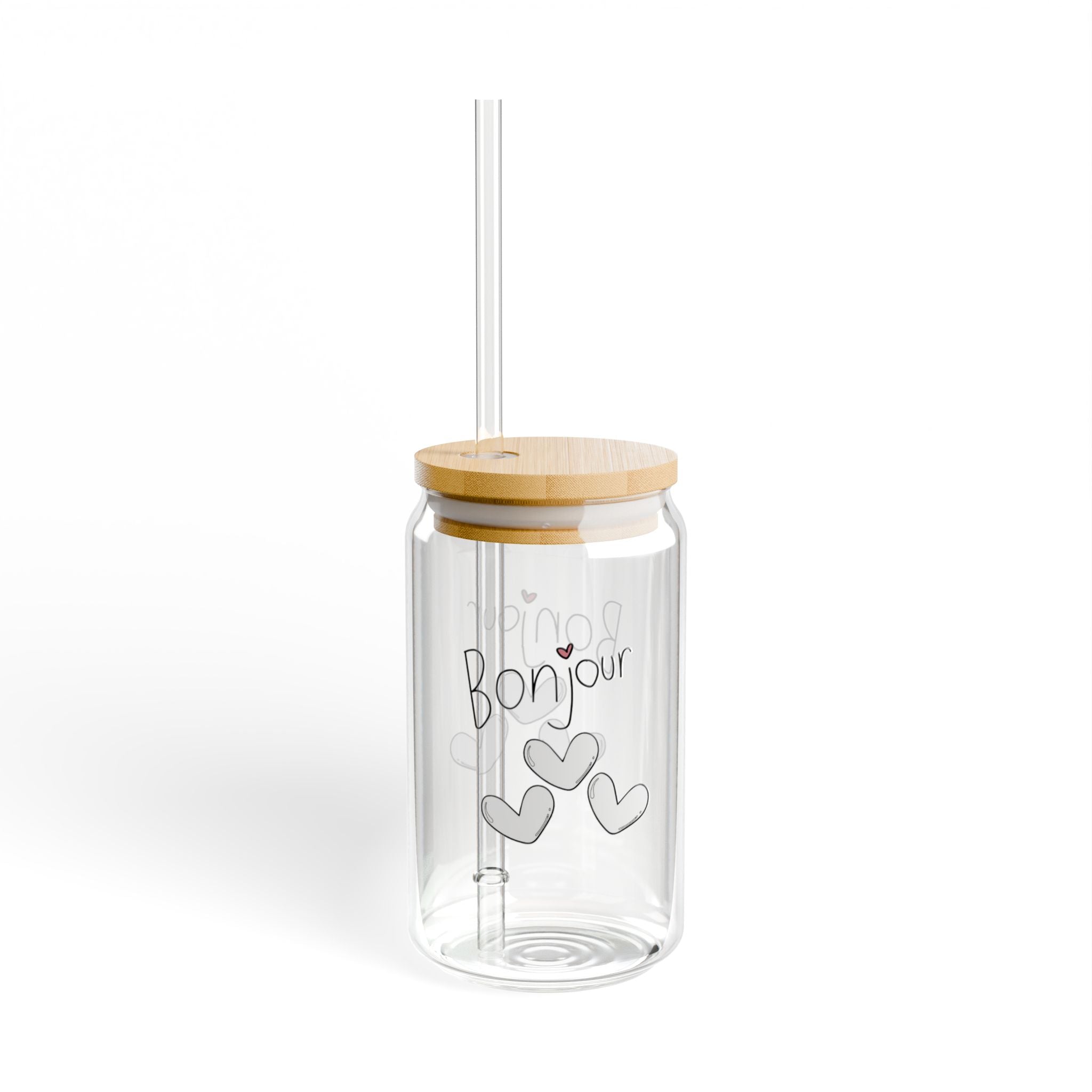 Bonjour Hearts Sipper Glass — 16oz Bamboo Lid Straw Tumbler