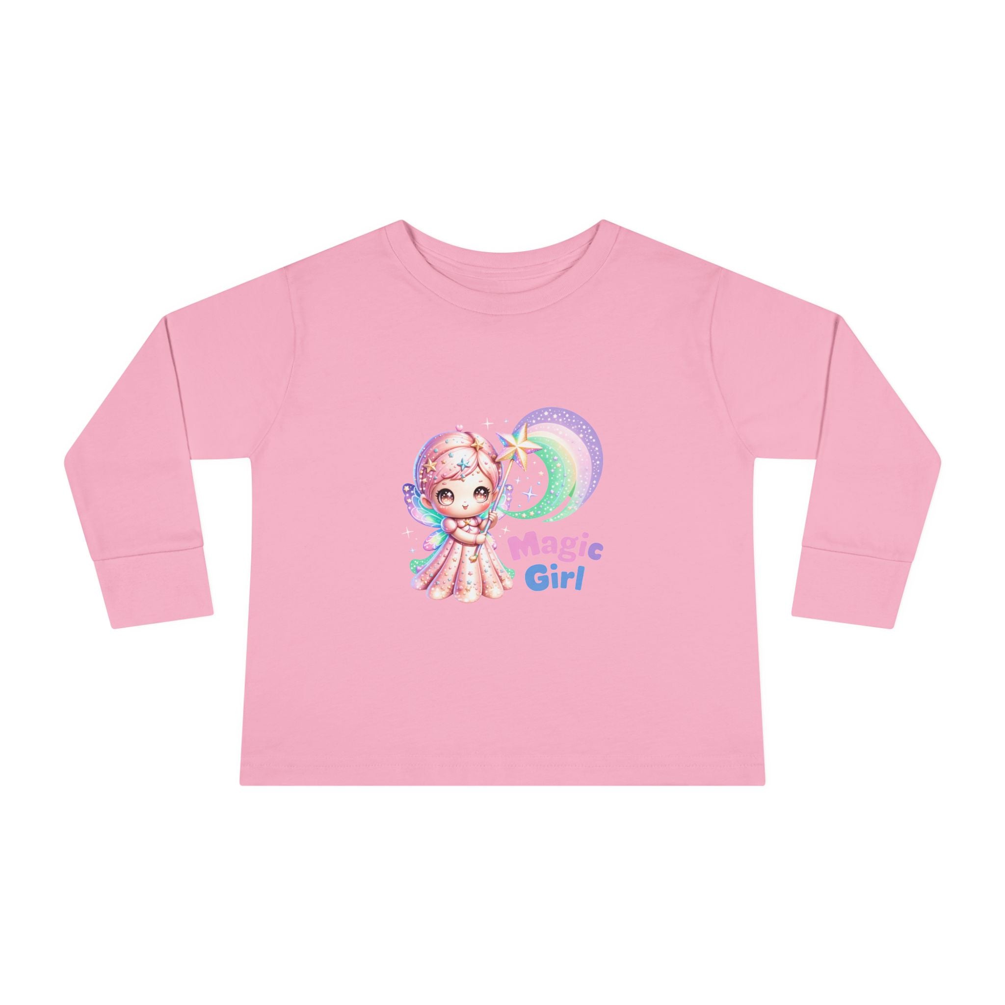 Magic Girl Toddler Long Sleeve Tee — Pastel Rainbow Unicorn Wand Design