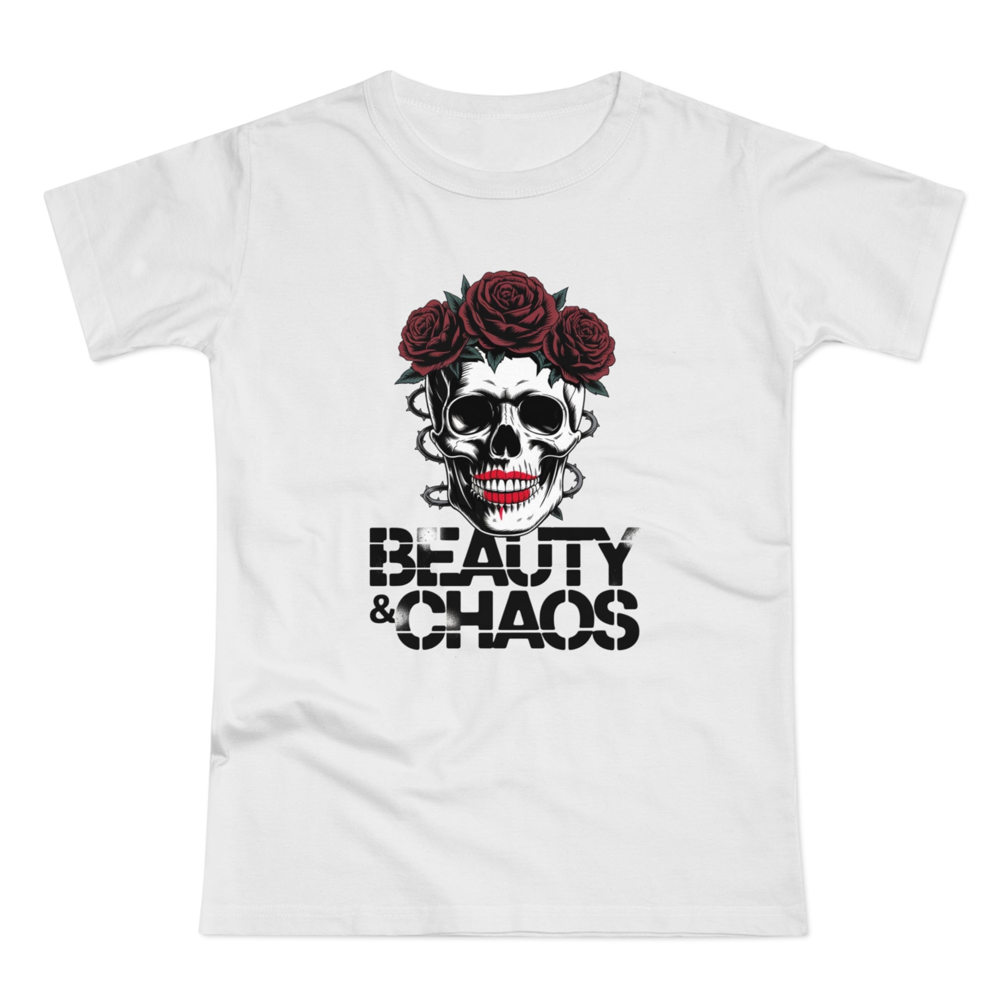 Beauty & Chaos Skull Tee — Floral Rose Skull Women’s T-Shirt
