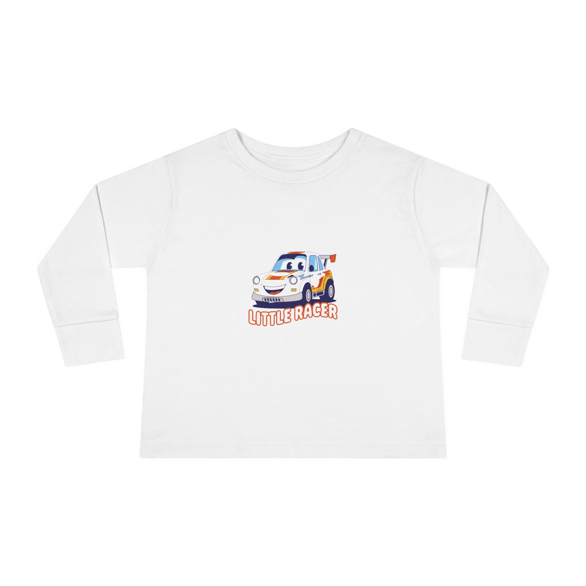Toddler Long Sleeve Tee - Cute Cartoon Race Car “Lil’ Racer” Kids Shirt